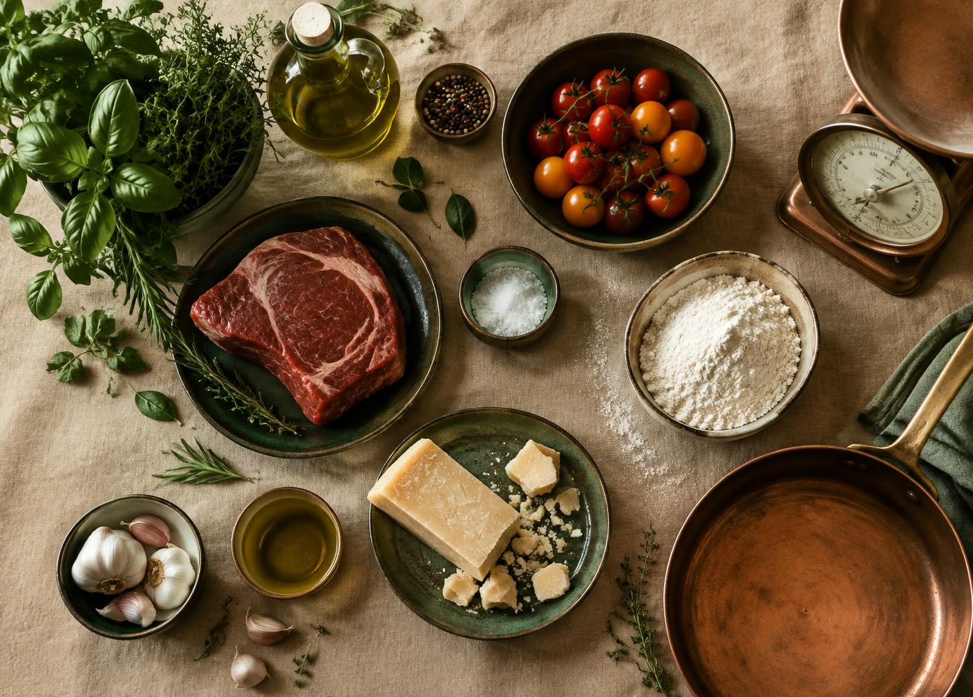 Ingredientes frescos sobre a bancada: carne, tomates, ervas, queijo, farinha e uma balança de cozinha